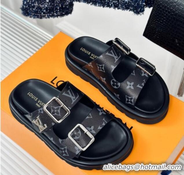 Hot Style Louis Vuitton Double Buckle Strap Sandals in Monogram Canvas Black 426052