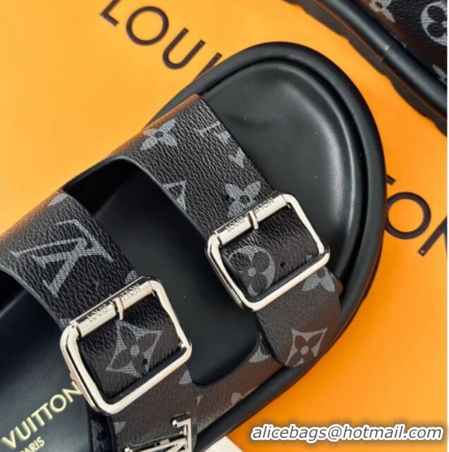 Hot Style Louis Vuitton Double Buckle Strap Sandals in Monogram Canvas Black 426052