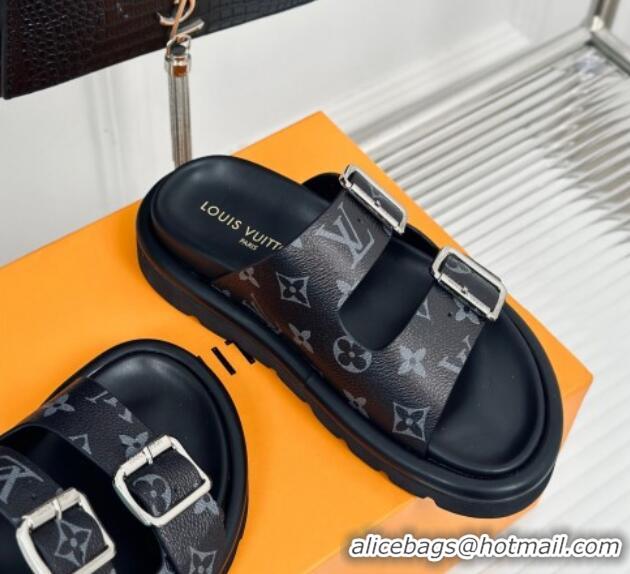 Hot Style Louis Vuitton Double Buckle Strap Sandals in Monogram Canvas Black 426052