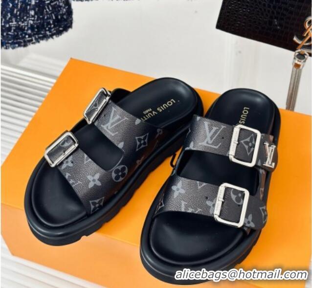 Hot Style Louis Vuitton Double Buckle Strap Sandals in Monogram Canvas Black 426052