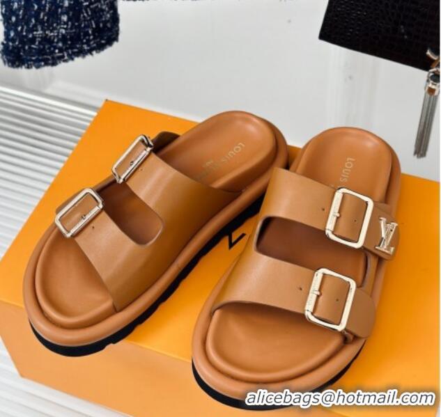 Luxury Louis Vuitton Double Buckle Strap Sandals in Calfskin Brown 426047