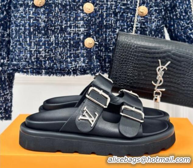 Duplicate Louis Vuitton Double Buckle Strap Sandals in Calfskin Black 426048