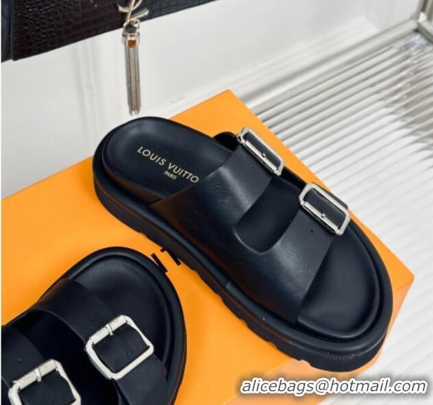 Duplicate Louis Vuitton Double Buckle Strap Sandals in Calfskin Black 426048