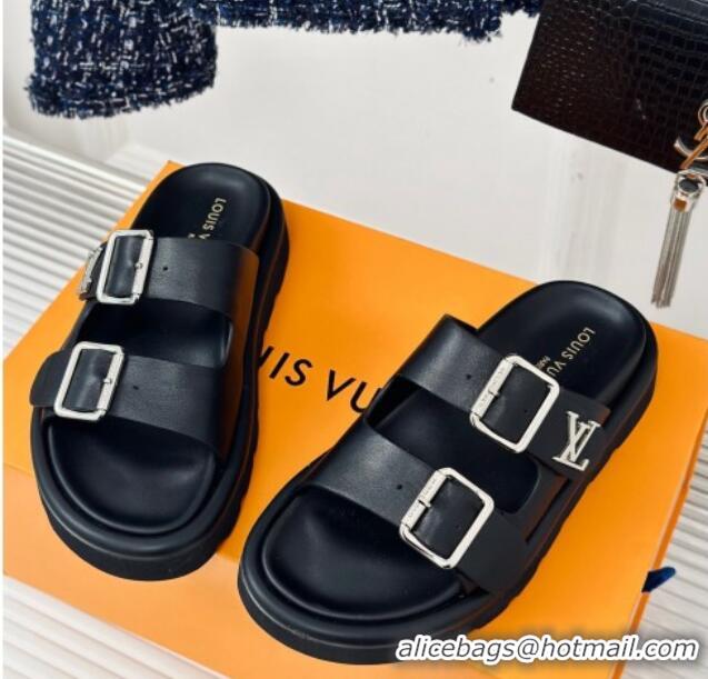 Duplicate Louis Vuitton Double Buckle Strap Sandals in Calfskin Black 426048