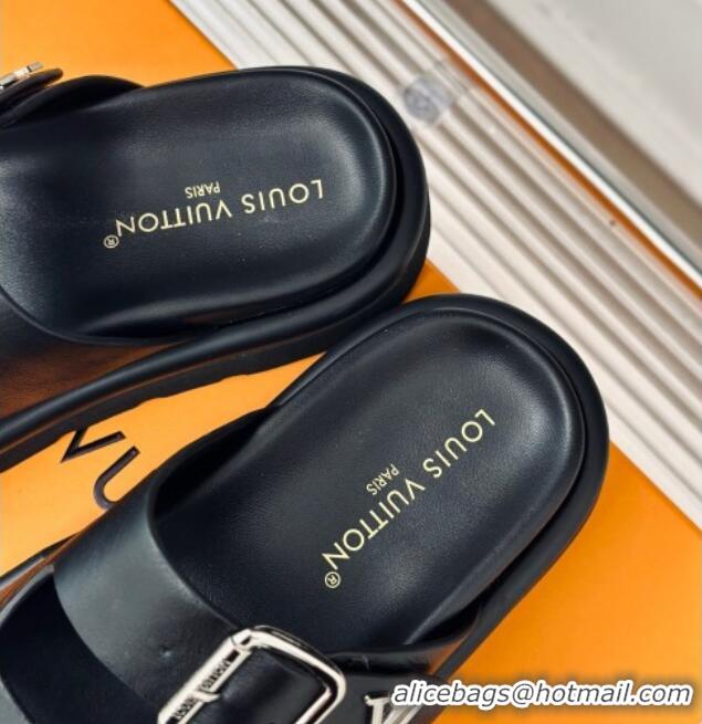 Duplicate Louis Vuitton Double Buckle Strap Sandals in Calfskin Black 426048