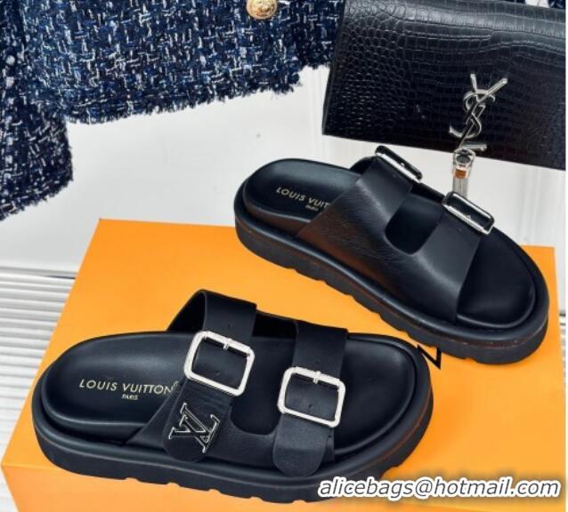 Duplicate Louis Vuitton Double Buckle Strap Sandals in Calfskin Black 426048