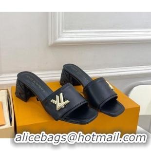 Good Quality Louis Vuitton Shake Slide Sandals 5.5cm with Quilted Heel in Calfskin Black/Gold 426058