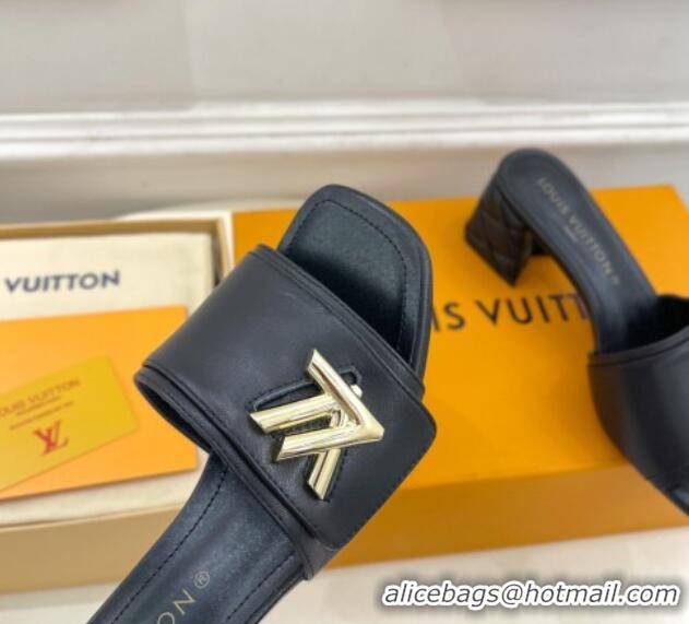 Good Quality Louis Vuitton Shake Slide Sandals 5.5cm with Quilted Heel in Calfskin Black/Gold 426058