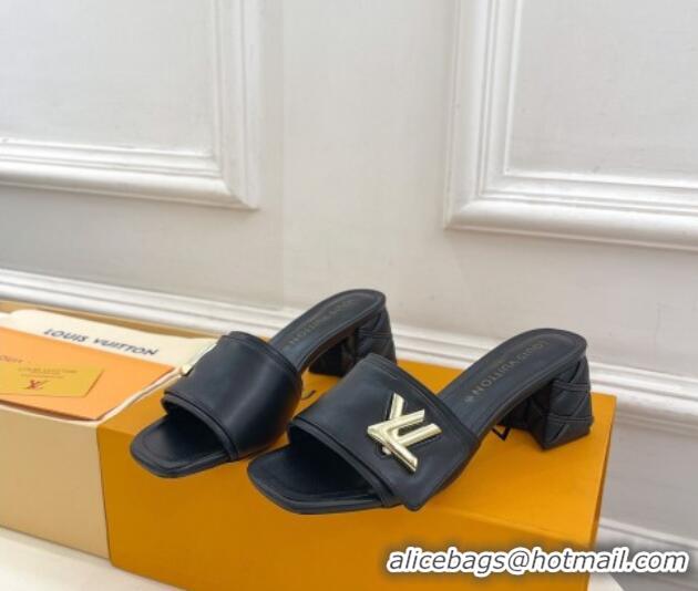 Good Quality Louis Vuitton Shake Slide Sandals 5.5cm with Quilted Heel in Calfskin Black/Gold 426058