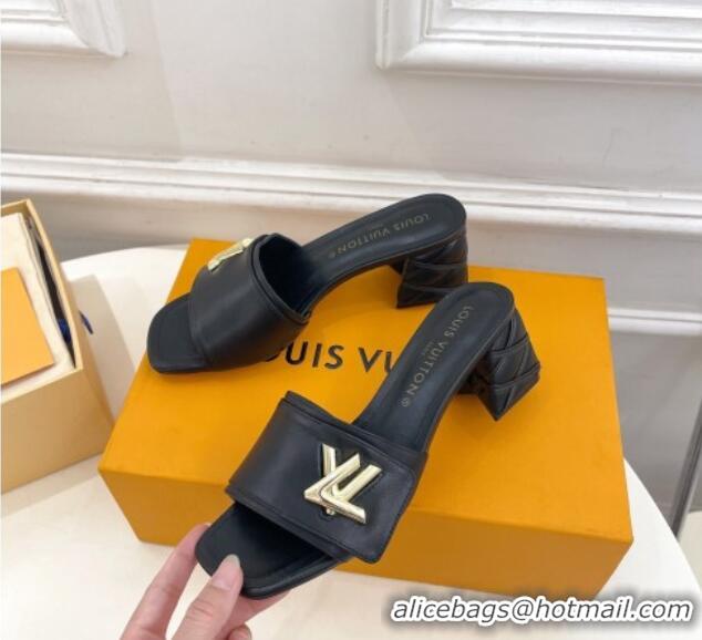 Good Quality Louis Vuitton Shake Slide Sandals 5.5cm with Quilted Heel in Calfskin Black/Gold 426058