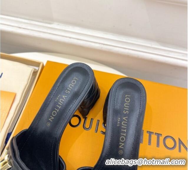 Good Quality Louis Vuitton Shake Slide Sandals 5.5cm with Quilted Heel in Calfskin Black/Gold 426058