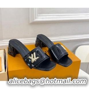 Best Grade Louis Vuitton Shake Slide Sandals 5.5cm with Quilted Heel in Patent Calfskin Black 0426060