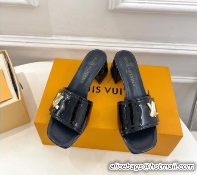 Best Grade Louis Vuitton Shake Slide Sandals 5.5cm with Quilted Heel in Patent Calfskin Black 0426060