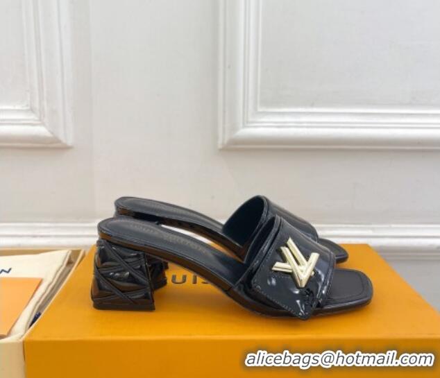 Best Grade Louis Vuitton Shake Slide Sandals 5.5cm with Quilted Heel in Patent Calfskin Black 0426060