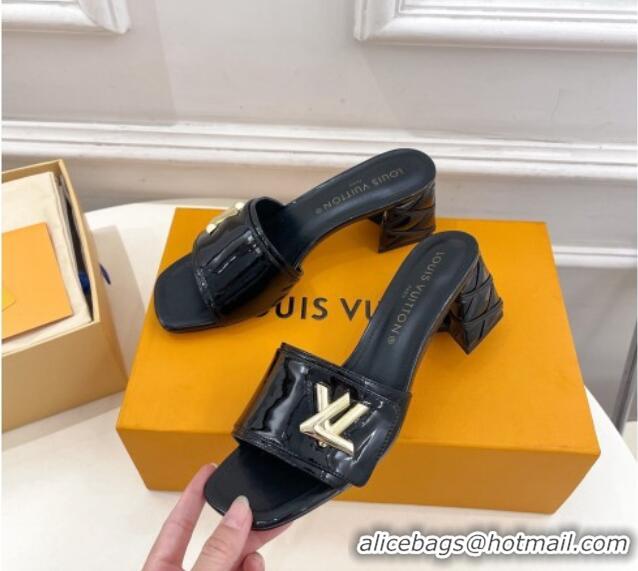 Best Grade Louis Vuitton Shake Slide Sandals 5.5cm with Quilted Heel in Patent Calfskin Black 0426060