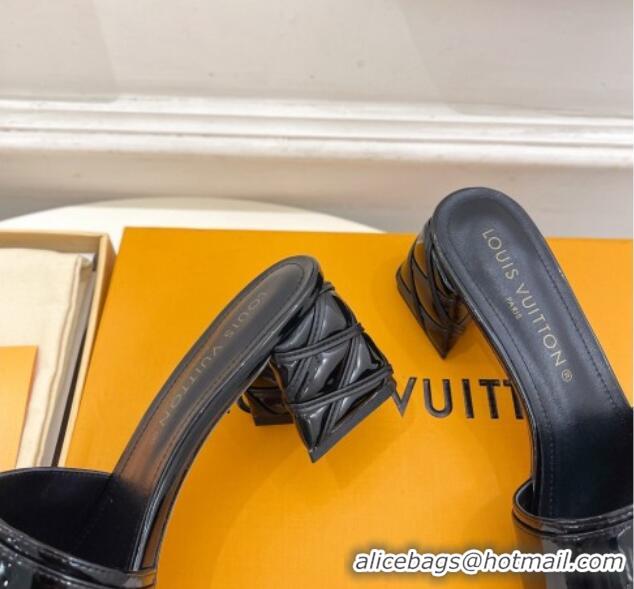 Best Grade Louis Vuitton Shake Slide Sandals 5.5cm with Quilted Heel in Patent Calfskin Black 0426060