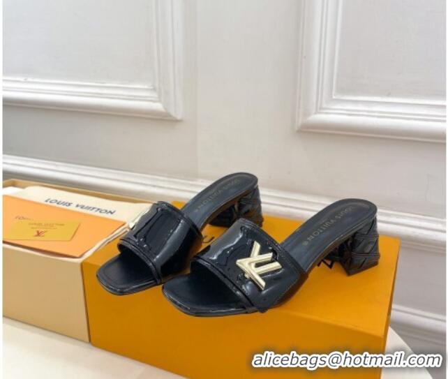 Best Grade Louis Vuitton Shake Slide Sandals 5.5cm with Quilted Heel in Patent Calfskin Black 0426060