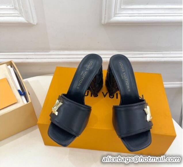 Discount Louis Vuitton Shake Slide Sandals 9cm with Quilted Heel in Calfskin Black/Gold 426067