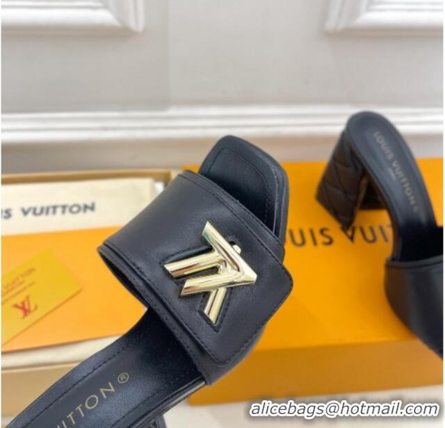 Discount Louis Vuitton Shake Slide Sandals 9cm with Quilted Heel in Calfskin Black/Gold 426067