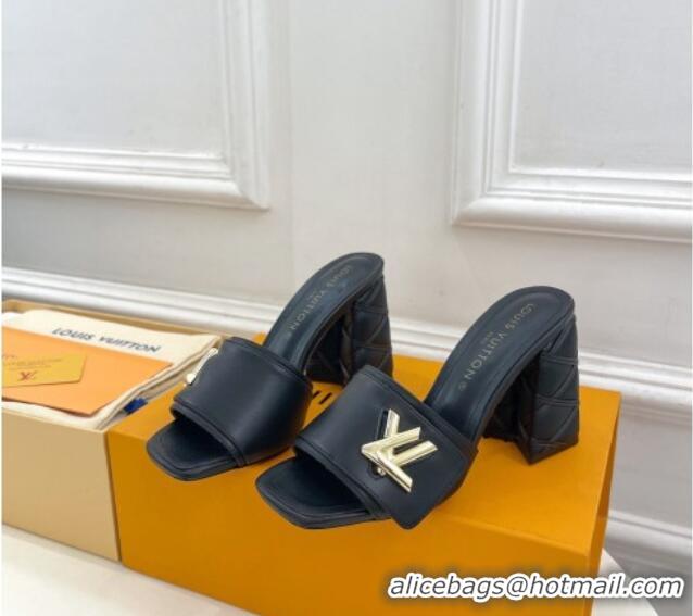 Discount Louis Vuitton Shake Slide Sandals 9cm with Quilted Heel in Calfskin Black/Gold 426067