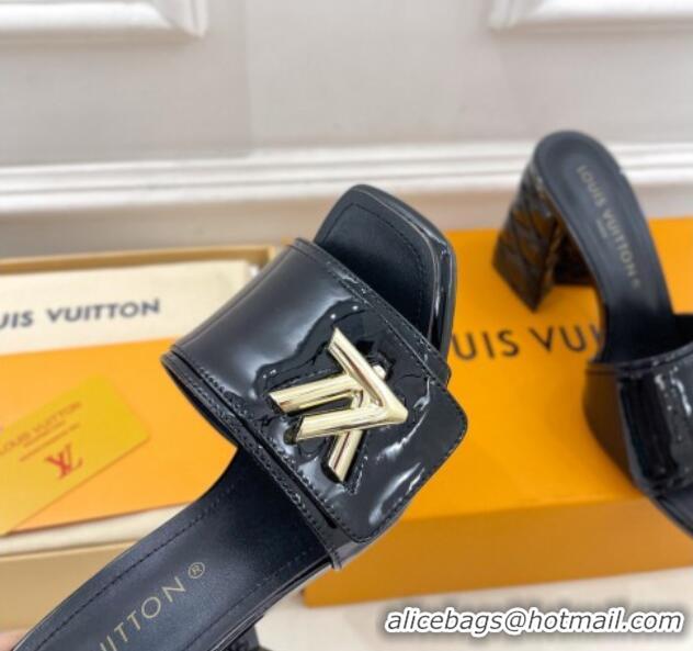 Hot Style Louis Vuitton Shake Slide Sandals 9cm with Quilted Heel in Patent Calfskin Black 426069