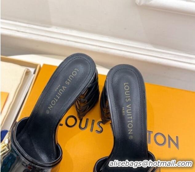 Hot Style Louis Vuitton Shake Slide Sandals 9cm with Quilted Heel in Patent Calfskin Black 426069