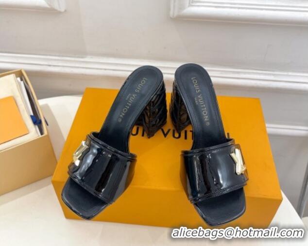 Hot Style Louis Vuitton Shake Slide Sandals 9cm with Quilted Heel in Patent Calfskin Black 426069