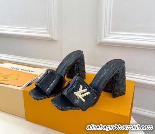 Hot Style Louis Vuitton Shake Slide Sandals 9cm with Quilted Heel in Patent Calfskin Black 426069