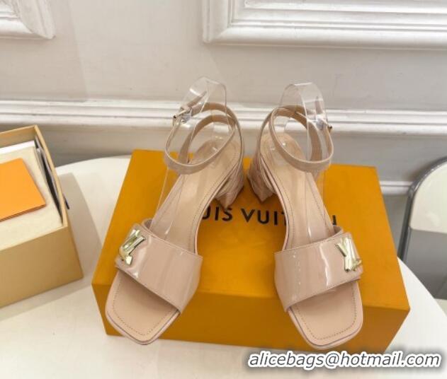 Charming Louis Vuitton Shake Strap Sandals 5.5cm with Quilted Heel in Patent Calfskin Beige 0426077