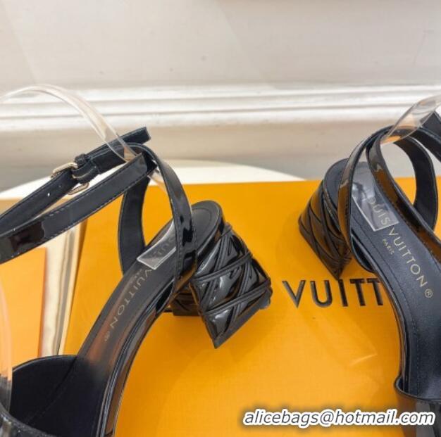 Best Grade Louis Vuitton Shake Strap Sandals 5.5cm with Quilted Heel in Patent Calfskin Black 426078