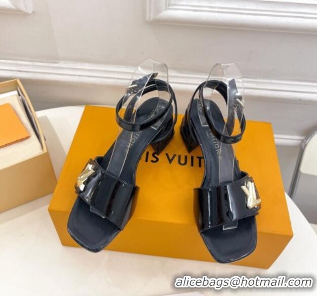 Best Grade Louis Vuitton Shake Strap Sandals 5.5cm with Quilted Heel in Patent Calfskin Black 426078