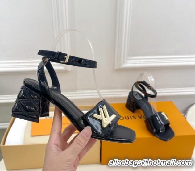 Best Grade Louis Vuitton Shake Strap Sandals 5.5cm with Quilted Heel in Patent Calfskin Black 426078