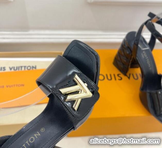 Low Price Louis Vuitton Shake Strap Sandals 9cm with Quilted Heel in Patent Calfskin Black 426087