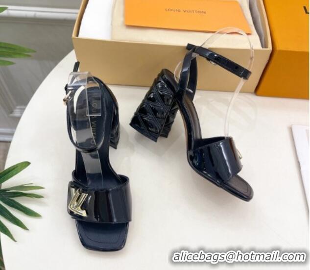 Low Price Louis Vuitton Shake Strap Sandals 9cm with Quilted Heel in Patent Calfskin Black 426087