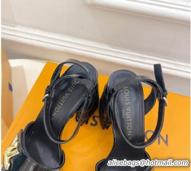 Low Price Louis Vuitton Shake Strap Sandals 9cm with Quilted Heel in Patent Calfskin Black 426087