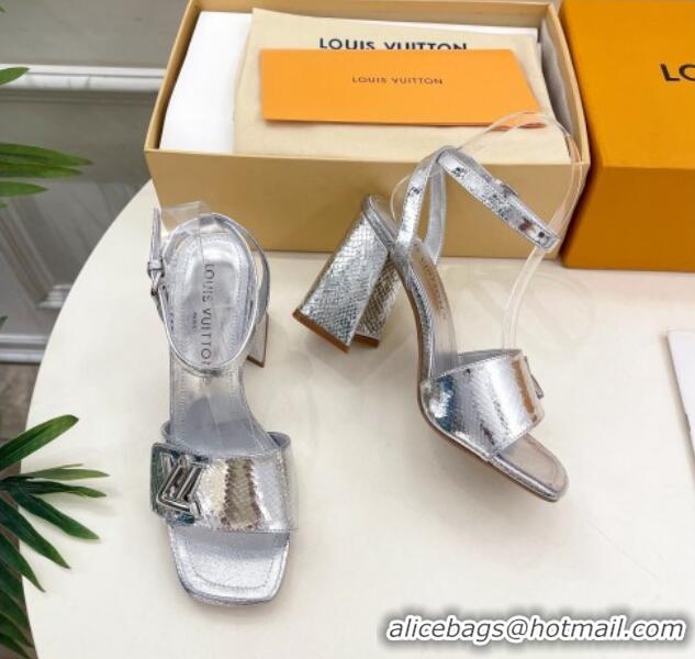 Top Quality Louis Vuitton Shake Strap Sandals 9cm in Snakeskin Embossed Silver 426088