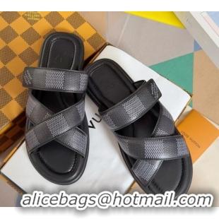 Good Product Louis Vuitton Men's LV Venice Flat Slide Sandals in Damier Leather Black 0426094