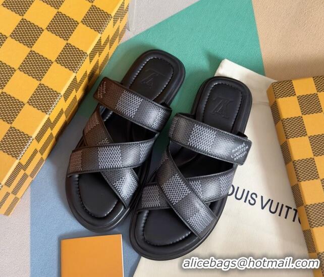 Good Product Louis Vuitton Men's LV Venice Flat Slide Sandals in Damier Leather Black 0426094