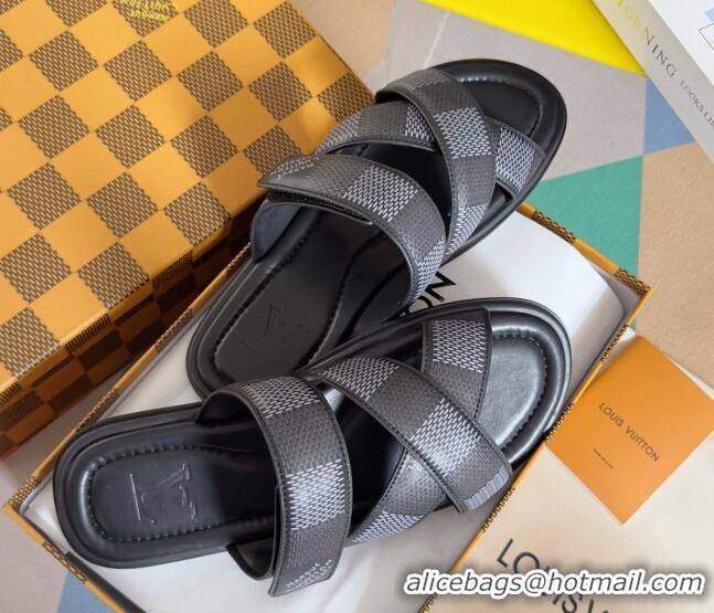 Good Product Louis Vuitton Men's LV Venice Flat Slide Sandals in Damier Leather Black 0426094