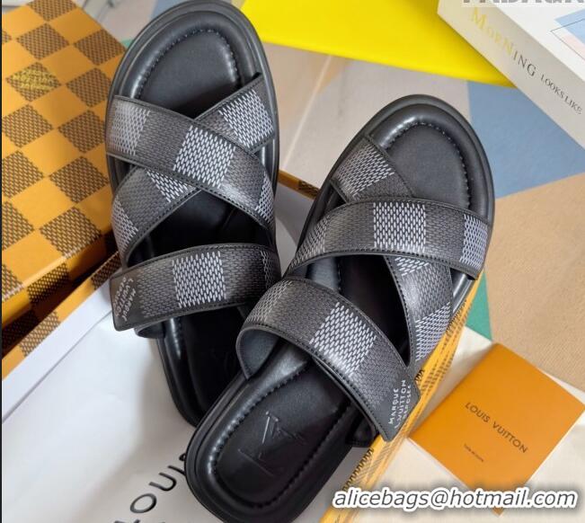 Good Product Louis Vuitton Men's LV Venice Flat Slide Sandals in Damier Leather Black 0426094