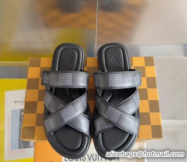 Good Product Louis Vuitton Men's LV Venice Flat Slide Sandals in Damier Leather Black 0426094