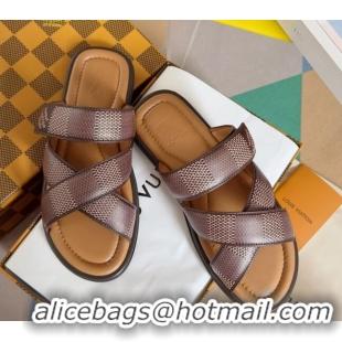 Perfect Louis Vuitton Men's LV Venice Flat Slide Sandals in Damier Leather Brown 0426095