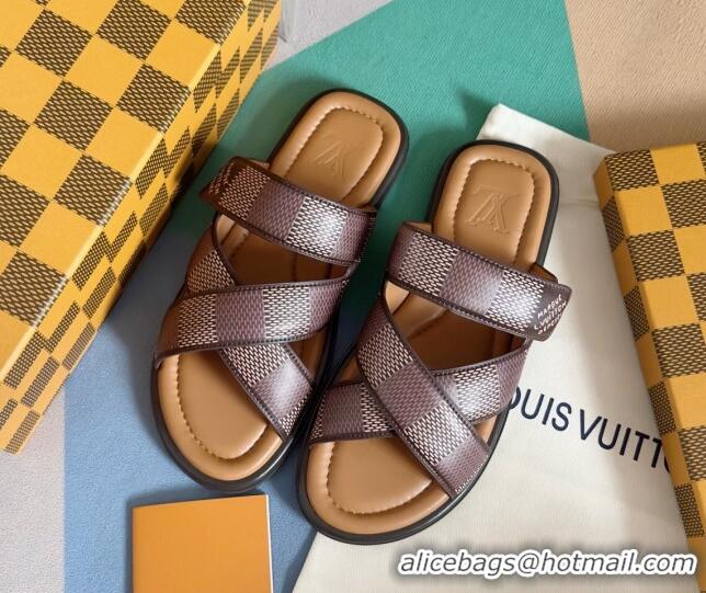 Perfect Louis Vuitton Men's LV Venice Flat Slide Sandals in Damier Leather Brown 0426095