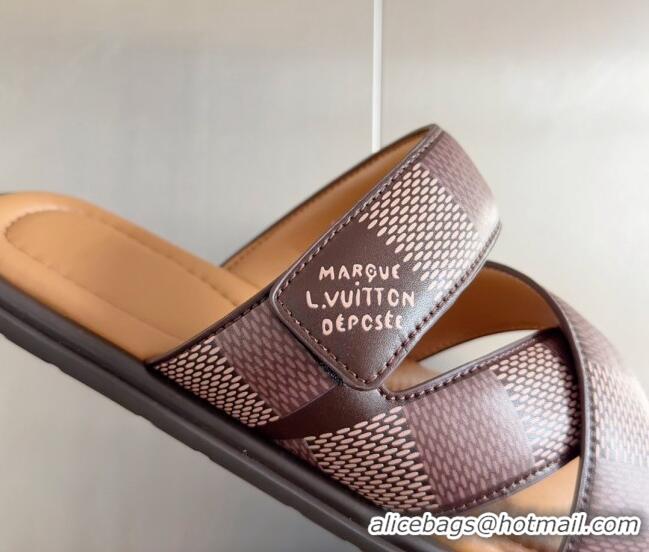 Perfect Louis Vuitton Men's LV Venice Flat Slide Sandals in Damier Leather Brown 0426095