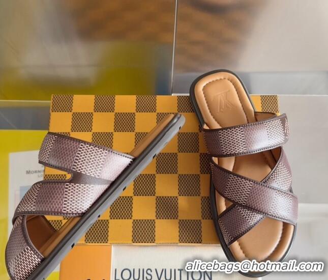 Perfect Louis Vuitton Men's LV Venice Flat Slide Sandals in Damier Leather Brown 0426095