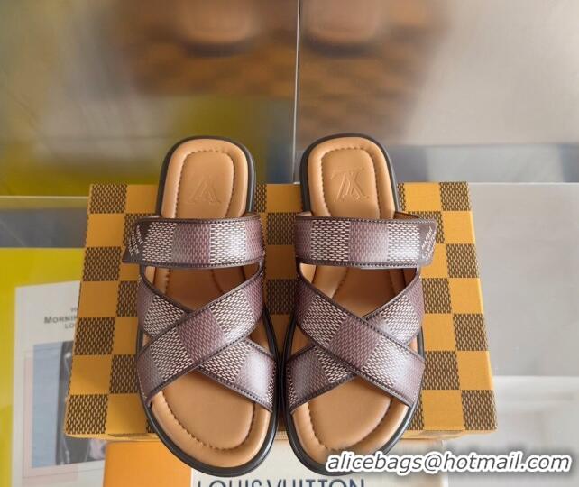 Perfect Louis Vuitton Men's LV Venice Flat Slide Sandals in Damier Leather Brown 0426095