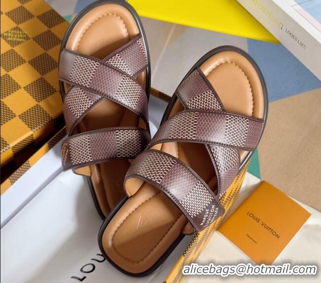 Perfect Louis Vuitton Men's LV Venice Flat Slide Sandals in Damier Leather Brown 0426095