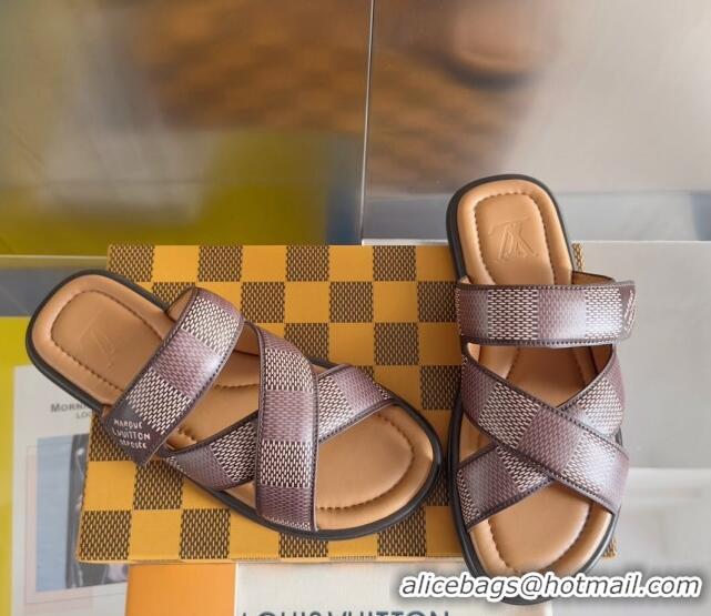 Perfect Louis Vuitton Men's LV Venice Flat Slide Sandals in Damier Leather Brown 0426095