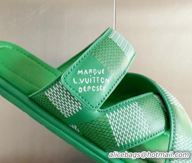 Classic Practical Louis Vuitton Men's LV Venice Flat Slide Sandals in Damier Leather Green 0426096