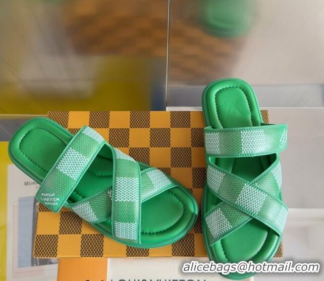 Classic Practical Louis Vuitton Men's LV Venice Flat Slide Sandals in Damier Leather Green 0426096